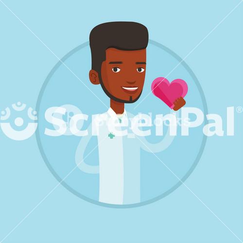 Doctor Cardiologist With Heart In Hand. Doctor Cardiologist Holding Heart. Concept Of Healthcare And Prevention Of Heart Problems. Vector Flat Design Illustration In The Circle Isolated On Background.